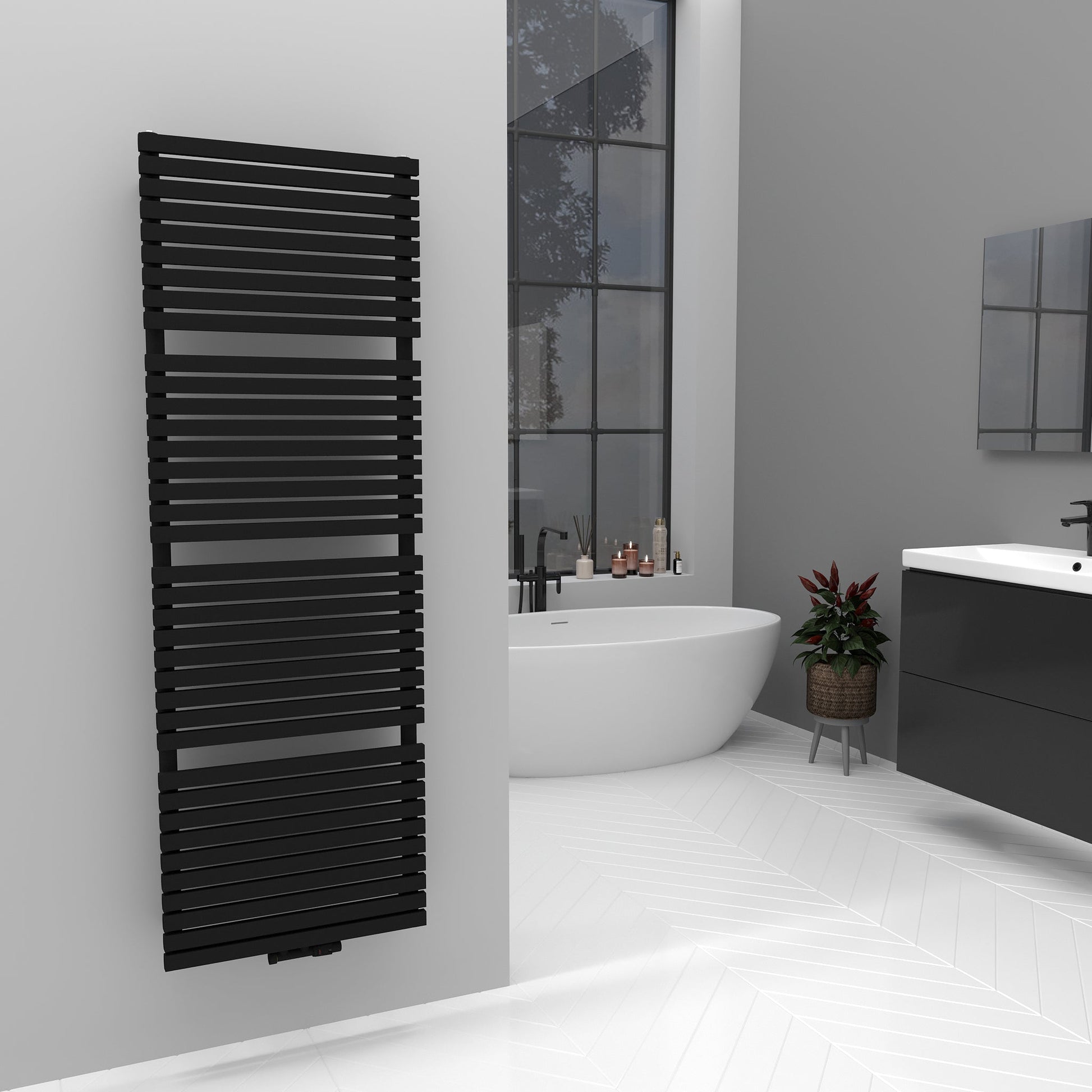 Badheizkörper Handtuchwärmer Paneelheizkörper 1350 Watt FLORA Schwarz – 50 × 140 – Produktfoto, Helia Bad