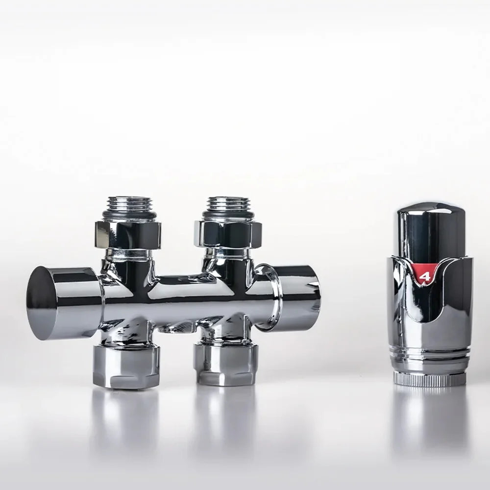 Multiblock Set für Badheizkörper Eck- und Durchgangsform – Chrom × Eckform – 16mm – Produktfoto, Helia Bad