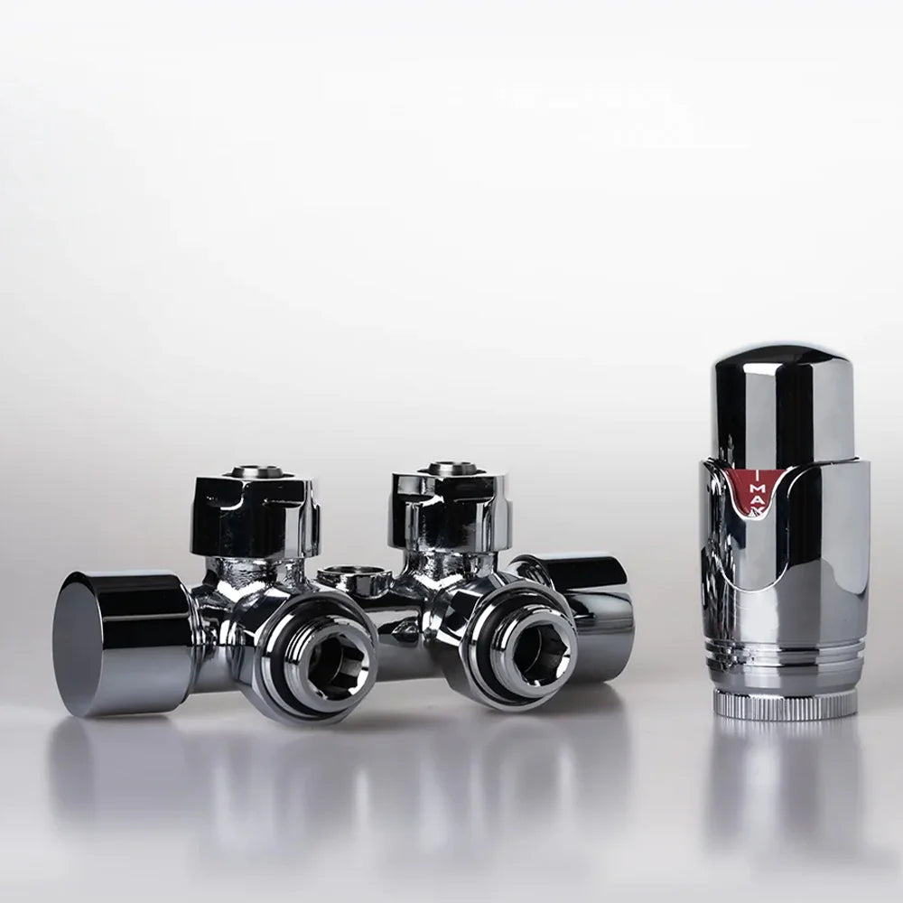 Multiblock Set für Badheizkörper Eck- und Durchgangsform – Chrom × Eckform – 18mm – Produktfoto, Helia Bad