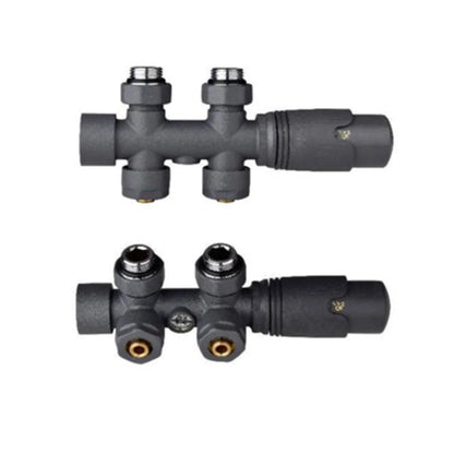Multiblock Set für Badheizkörper Eck- und Durchgangsform – Chrom × Eckform – 15mm – Produktfoto, Helia Bad