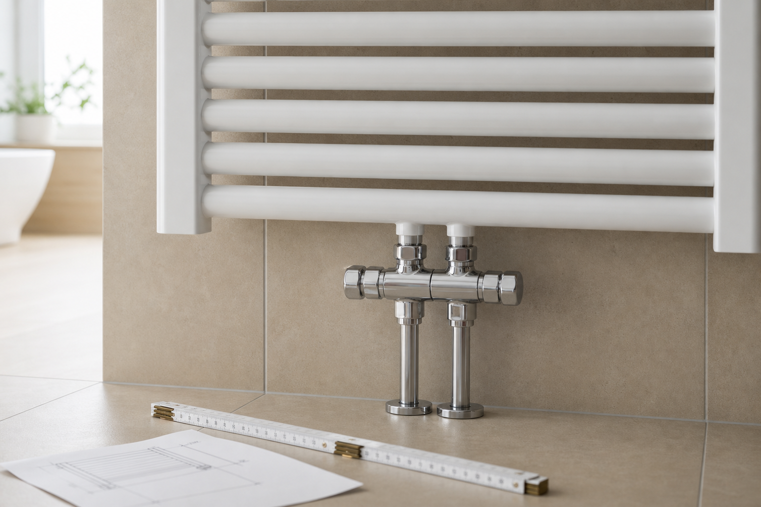Mittelanschluss eines Badheizkörpers mit Ventilblock